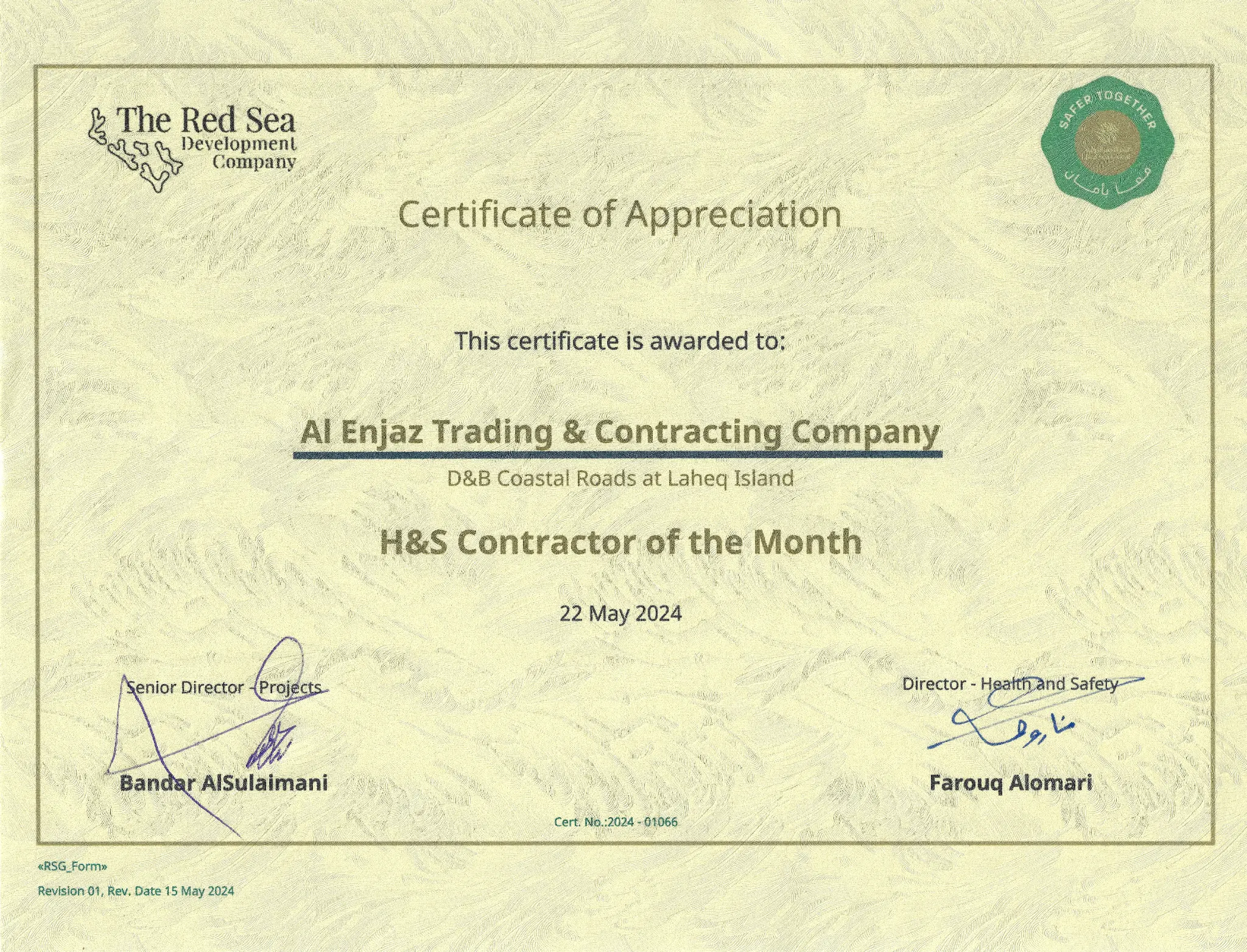 Red Sea Global Certificate of Appreciation 2